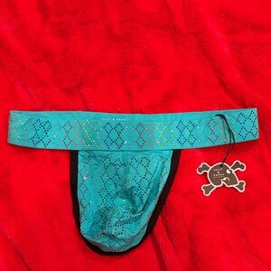 🆕 Skull & Bones Rainbow Crystal Thong Turquoise- XL (34-36” waist)